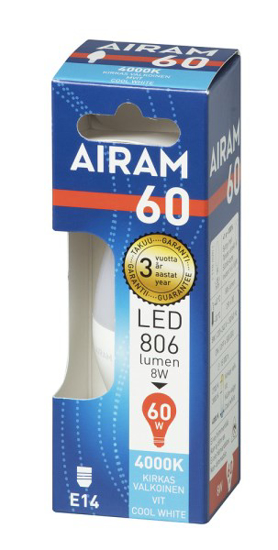 Prekės nuotrauka Lempa LED E14 8W 4000K 806lm AIRAM  IŠPARDUOTA