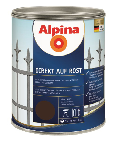 Prekės nuotrauka Dažai antikoroziniai metalui Alpina Direkt auf Rost blizgūs RAL 8017 0,75 l
