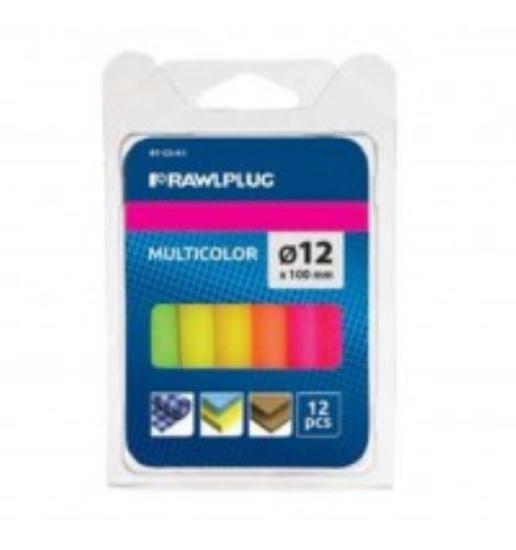 Prekės „Klijai karštam klijavimui spalvoti 12 x 100 mm 125 g 12 vnt Rawlplug RT-GS-K1 IŠPARDUOTA“ paveikslėlis