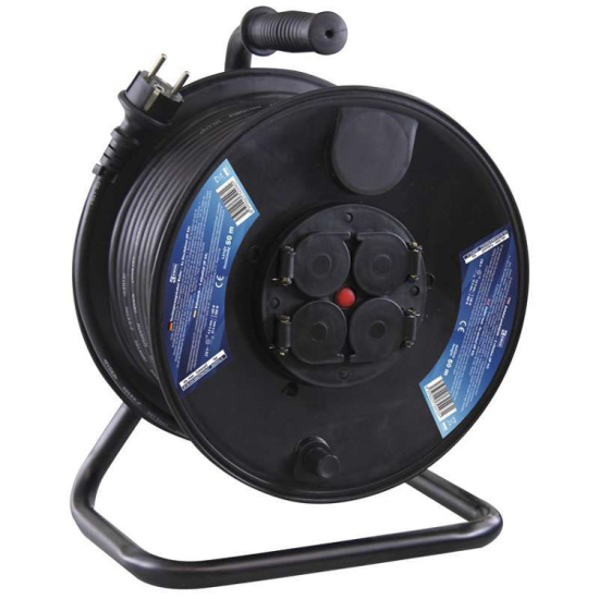 Prekės nuotrauka Ilgiklis - ritė 4 lizdų 50m su įžeminimu, 3x1.5mm², 16A, 3680W, kabelis su gumine izoliacija H05RR-F3G, IP44 IŠPARDUOTA