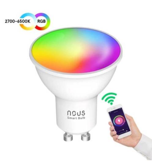 Prekės „Lemputė LED GU10, įtampa 230 V, galia 4,5 W, šviesos srautas 380 lm, šviesos temperatūra  2700 K - 6500 K, RGB, išmanioji Wi-Fi, valdoma programėle, TUYA / Smart Life, P8, NOUS. IŠPARDUOTA“ paveikslėlis