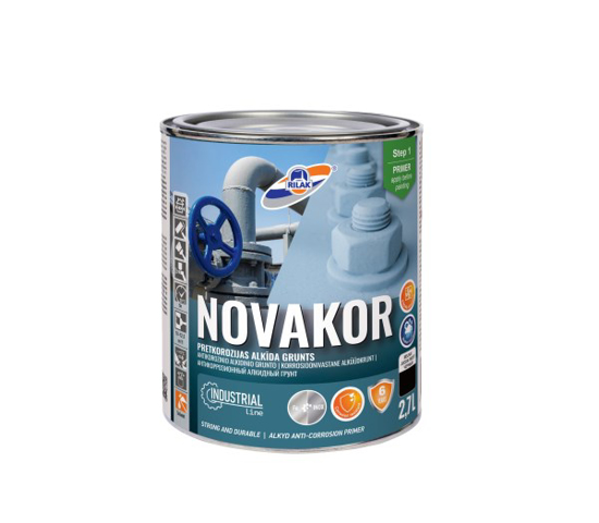 Prekės nuotrauka Antikorozinis alkidinis gruntas NOVAKOR, matinis, juodos spalvos 2,7L 