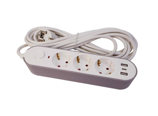 Prekės nuotrauka Elektros ilgiklis 3 vietų + 2 USB lizdai su įžeminimu
