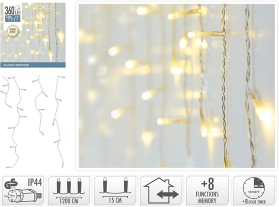 Prekės nuotrauka Kalėdinė girlianda - VARVEKLIAI 360 LED, 1200 cm, balta, 8 funkcijos