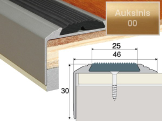 Prekės nuotrauka Profilis laiptams A38 aukso spalvos imitacija su juoda guma 46 x 30 mm 1,8 m A38-00-180