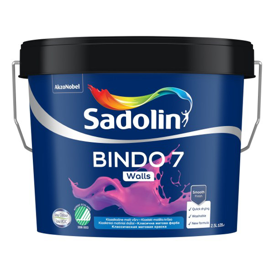 Prekės nuotrauka Vandeniniai vidaus dažai SADOLIN BINDO 7, 1 l, BW bazė, balti, matiniai IŠPARDUOTA