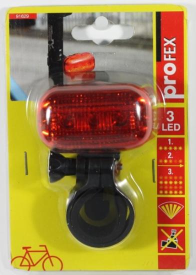 Prekės „Žibintas dviračiui galinis 3 LED 4 funk. be elementų Profex 91629“ paveikslėlis