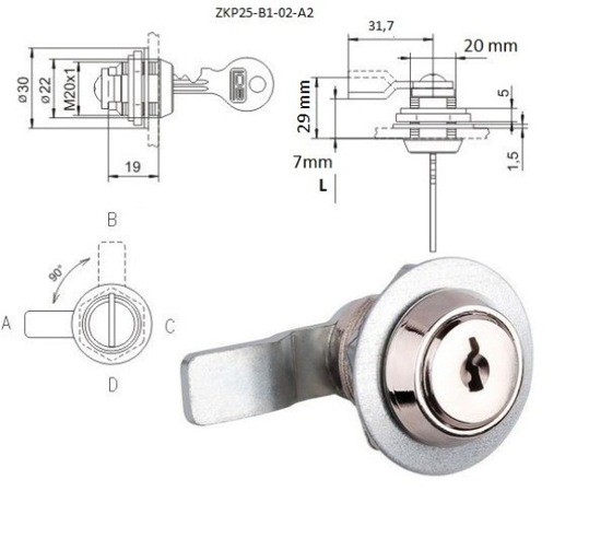 Prekės nuotrauka Spynelė baldinė 29,5 / 8,5 mm Ø 20 mm ZKP-25 A1 LOB