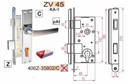Prekės „Spyna durų įleidžiama 72/45 mm chromo su rankena be cilindro ZV45 406Z-35802/C“ paveikslėlis