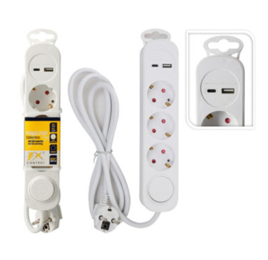 Prekės nuotrauka Ilgiklis 3 lizdų 1,5m su įžeminimu ir  USB baltas FX control 