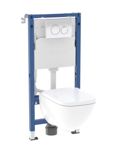 Prekės nuotrauka Komplektas potinkinis Geberit su WC kampuotos formas puodu, Delta bakeliu, chromo spalvos klavišu ir WC dangčiu su Soft Close funkcija pagamintu iš Duroplasto medžiagos
