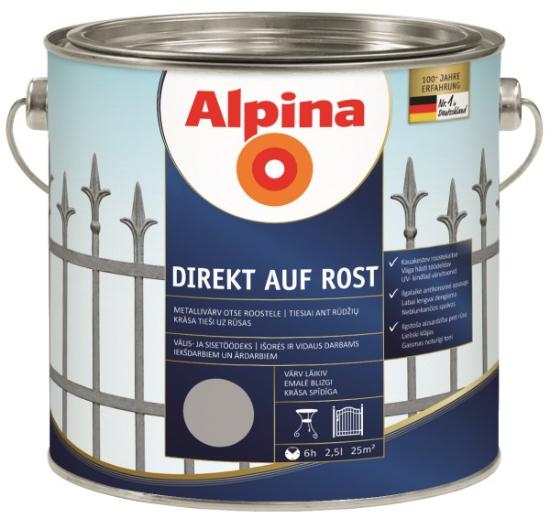 Prekės „Dažai antikoroziniai metalui Alpina Direkt auf Rost blizgūs RAL 9006 2,5 l“ paveikslėlis