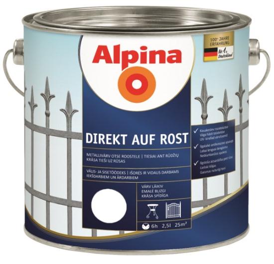 Prekės „Dažai antikoroziniai metalui Alpina Direkt auf Rost blizgūs RAL 9016 2,5 l“ paveikslėlis