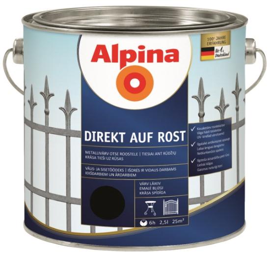 Prekės „Dažai antikoroziniai metalui Alpina Direkt auf Rost blizgūs RAL 9005 2,5 l“ paveikslėlis