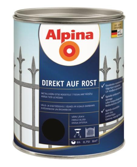 Prekės „Dažai antikoroziniai metalui Alpina Direkt auf Rost blizgūs RAL 9005 0,75 l“ paveikslėlis