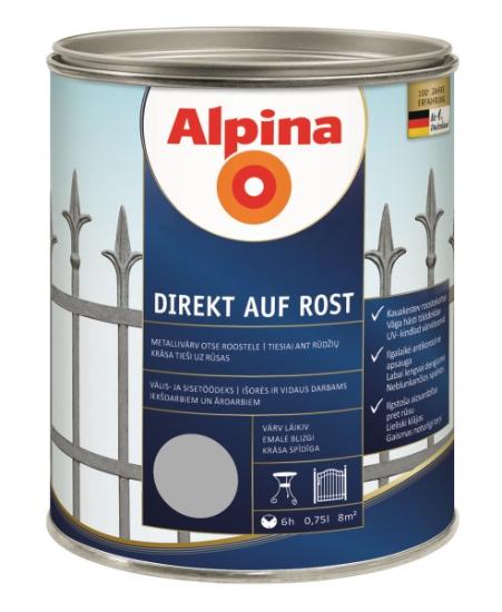 Prekės „Dažai antikoroziniai metalui Alpina Direkt auf Rost blizgūs RAL 9006 0,75 l“ paveikslėlis
