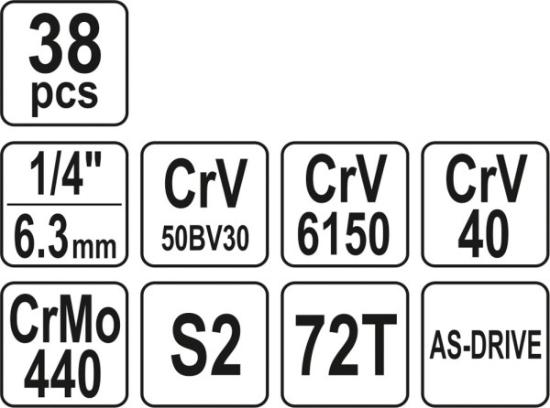 Prekės „Rinkinys galvučių 1/4" 38 vnt CrV Yato YT-14471“ paveikslėlis