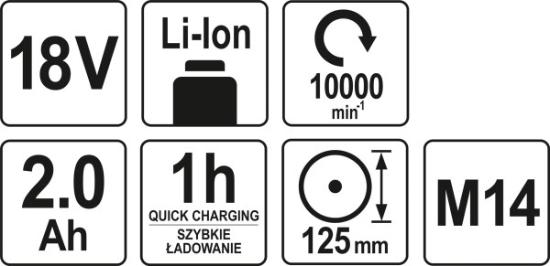 Prekės „Šlifuoklis kampinis akumuliatorinis 18V/2,0Ah 125 mm YT-82826 Yato“ paveikslėlis