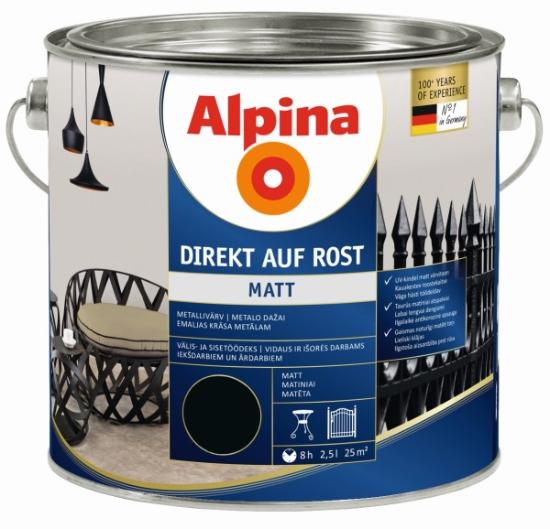 Prekės „Dažai metalui Alpina Direkt auf Rost MAT, RAL 9005 2,5 l“ paveikslėlis