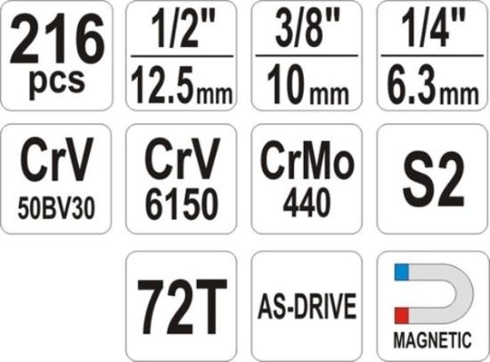 Prekės „Rinkinys galvučių 1/2"-3/8"-1/4" 216 vnt Yato YT-38841“ paveikslėlis
