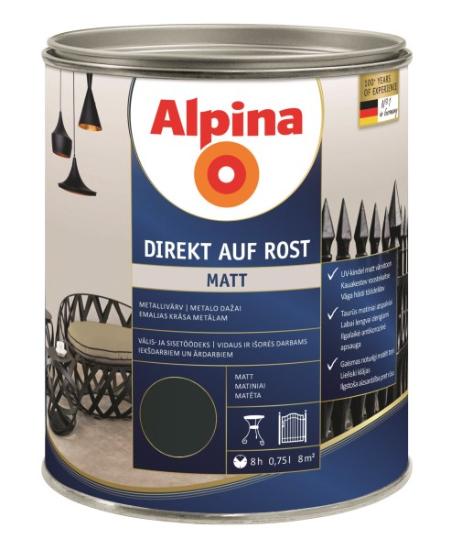 Prekės „Dažai antikoroziniai metalui Alpina Direkt auf Rost matiniai RAL 9005 0,75 l“ paveikslėlis