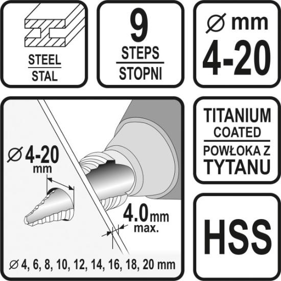 Prekės „Grąžtas metalui pakopinis 4 x 20 mm HSS Sthor“ paveikslėlis