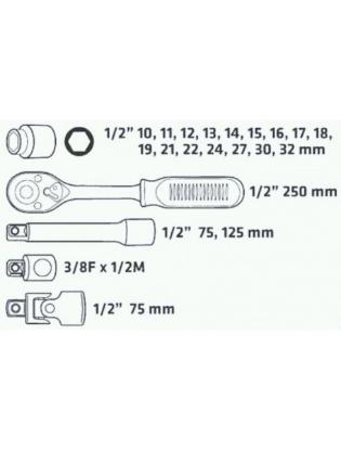 Prekės „Rinkinys galvučių 1/2" 10-32 mm 21 vnt Topex 38D642“ paveikslėlis