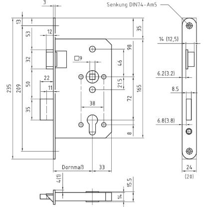 Prekės „Spyna durų įleidžiama 72/65 mm cilindrinė kairinė priešgaisrinė 0211 D65/F24x3x235/72 BMH 0432-CPR-00082-03“ paveikslėlis