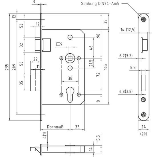 Prekės „Spyna durų įleidžiama 72/65 mm cilindrinė kairinė priešgaisrinė 0211 D65/F24x3x235/72 BMH 0432-CPR-00082-03“ paveikslėlis