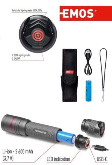Prekės „Žibintuvėlis, atsparus drėgmei IP65, ULTIBRIGHT 80, CREE LED, 600lm, įkraunamas 2600mA, EMOS“ paveikslėlis