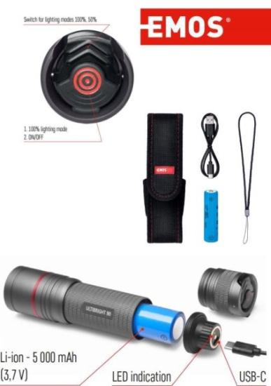 Prekės „Žibintuvėlis, atsparus drėgmei IP65, ULTIBRIGHT 90, CREE LED, 1200lm, įkraunamas 5000mA, EMOS“ paveikslėlis