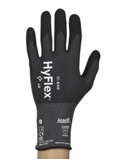 Prekės „Apsauginės pirštinės Ansell HyFlex 11-840, 9 dydis, itin plonos, nailonas, spandex. Nitrilo putų delno padengimas. Mažmeninė pakuotė“ paveikslėlis