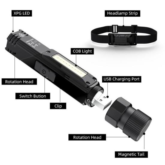 Prekės „Žibintuvėlis G19, daugiafunkcinis, su magnetu, SMD + COB + Raudona, 200lm, 5+2W, įkraunamas“ paveikslėlis