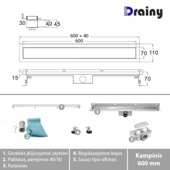 Prekės „Kampinis dušo latakas Drainy su įklijuojama plytele, 600 mm“ paveikslėlis