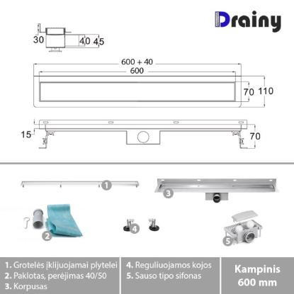 Prekės „Kampinis dušo latakas Drainy su įklijuojama plytele, 600 mm“ paveikslėlis