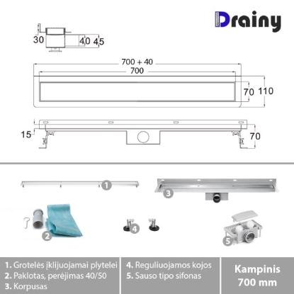 Prekės „Kampinis dušo latakas Drainy su įklijuojama plytele, 700 mm“ paveikslėlis