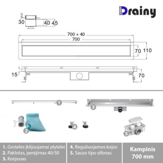 Prekės „Kampinis dušo latakas Drainy su įklijuojama plytele, 700 mm“ paveikslėlis