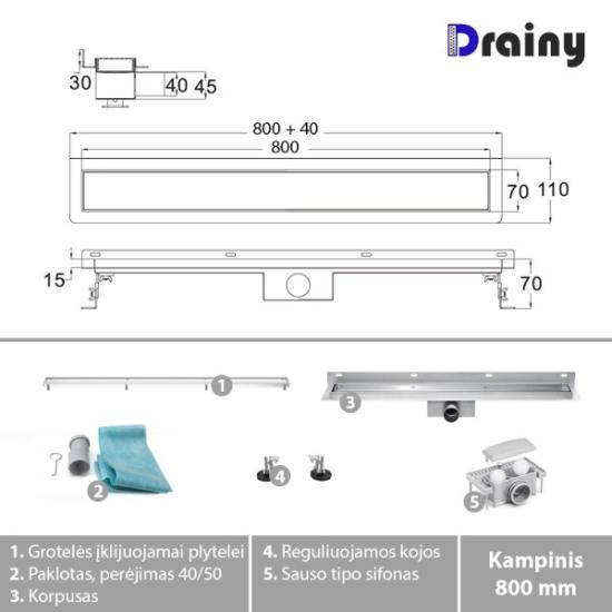 Prekės „Kampinis dušo latakas Drainy su įklijuojama plytele, 800 mm“ paveikslėlis
