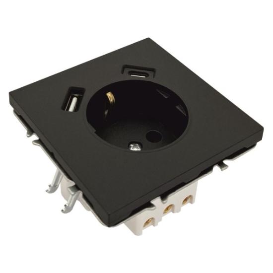Prekės „Kištukinis lizdas +USB +TypeC  BORA, 1 vietos su įžeminimu  juodas, įleidžiamas, IP20, 16A, 250V, be rėmelio“ paveikslėlis