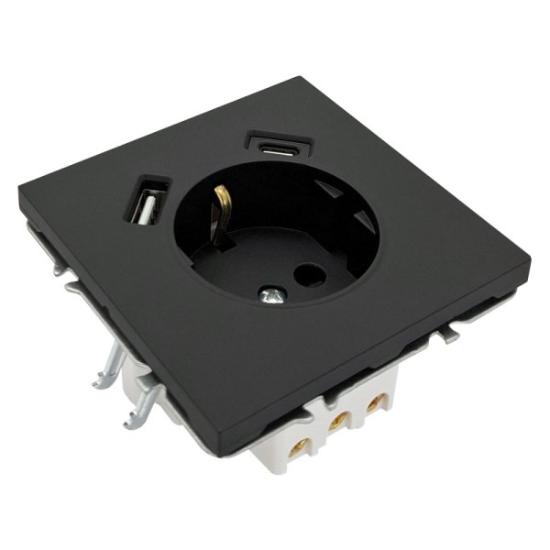 Prekės „Kištukinis lizdas +USB +TypeC  BORA, 1 vietos su įžeminimu  juodas, įleidžiamas, IP20, 16A, 250V, be rėmelio“ paveikslėlis