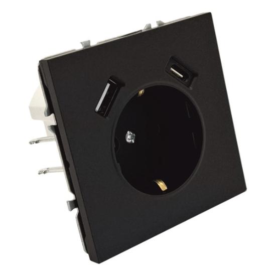Prekės „Kištukinis lizdas +USB +TypeC  BORA, 1 vietos su įžeminimu  juodas, įleidžiamas, IP20, 16A, 250V, be rėmelio“ paveikslėlis