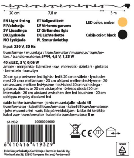 Prekės „Girlianda 40 LED 7,8m gintaro šviesa Retro Finnlumor“ paveikslėlis
