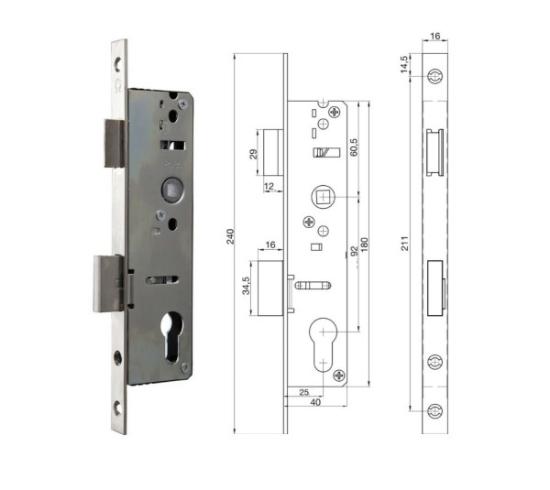 Prekės „Spyna įleidžiama 92/25 mm profilinė durims PVC Y 25/92/16/240 mm 40 mm Iseo“ paveikslėlis