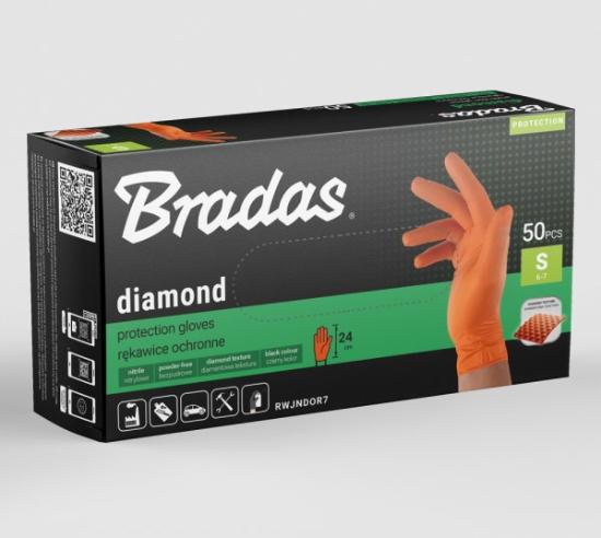 Prekės „Pirštinės nitrilo oranžinės Diamond 7 dydžio 50 vnt Bradas“ paveikslėlis