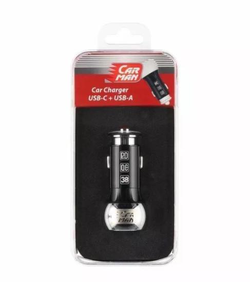 Prekės „Įkroviklis prietaisų automobilinis USB-C USB-A 38W Carman prie degiklio“ paveikslėlis