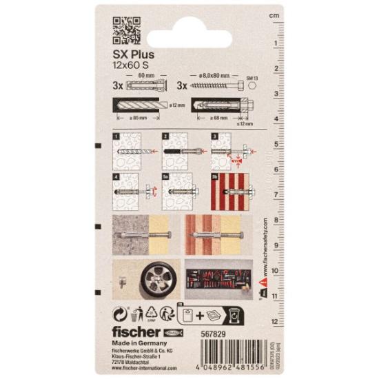 Prekės „FISCHER kaiščiai su varžtais SX Plus S, 12x60 mm, 3 vnt.“ paveikslėlis