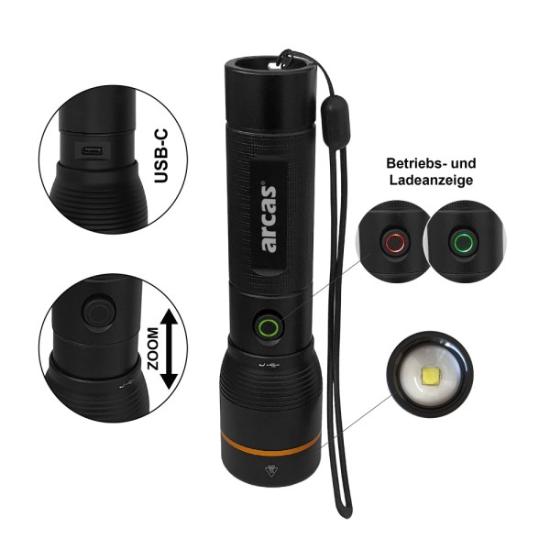 Prekės „Rankinis žibintuvėlis, 20W, įkraunamas USB-C, juodas, ARCAS“ paveikslėlis