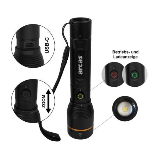 Prekės „Rankinis žibintuvėlis 10W, įkraunamas USB-C, juodas, ARCAS“ paveikslėlis