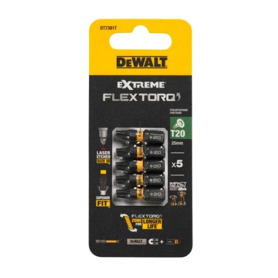Prekės „Sukimo antgaliukai FLEXTORQ T20 25 mm, DeWALT, 5 vnt.“ paveikslėlis