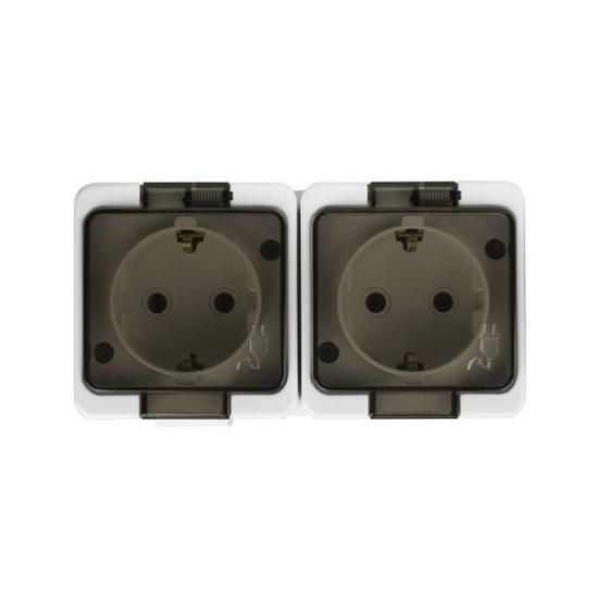 Prekės „Dvigubas vandeniui atsparus lizdas su dangteliu s/m 2p+Z 16A, 250V, SCHUKO IP44“ paveikslėlis